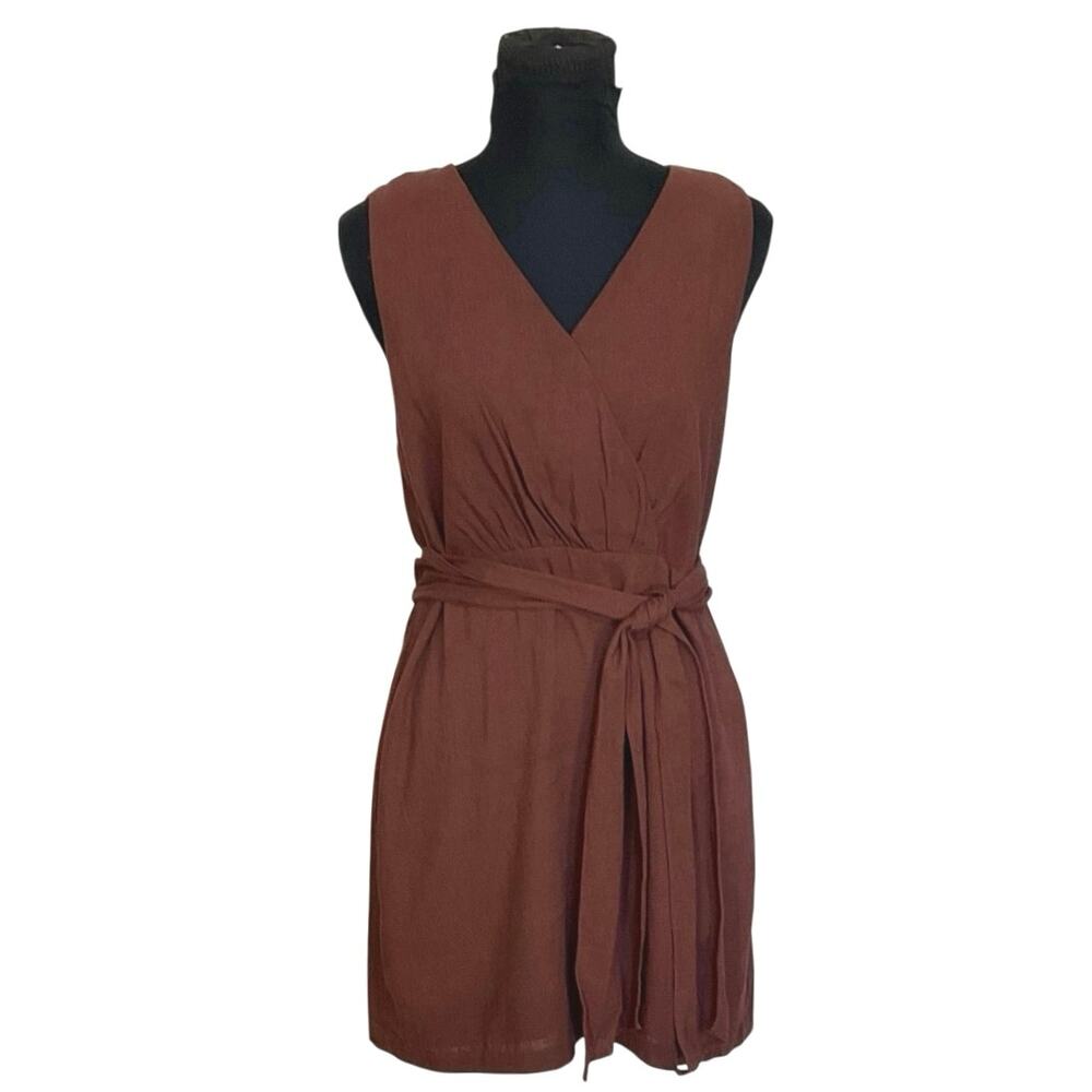 Sunday In Brooklyn Brown Linen Blend Faux Wrap Dress Small Anthropologie - Picture 2 of 10